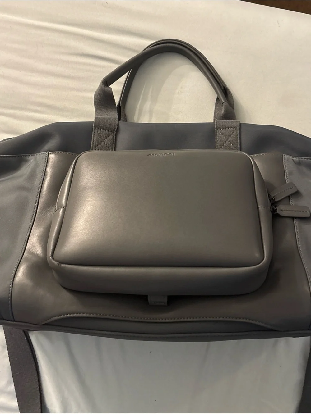 Monos Metro Duffel Bag Dove Gray Blue Weekender Carry On Vegan Leather Trolley